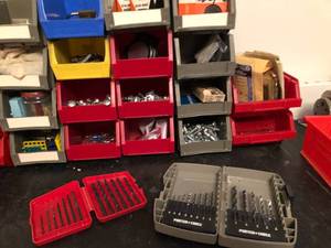 lot 77 image: Stackable storage organizers and Contents & Drill Bits