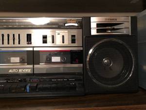 lot 118 image: Fisher Boombox with tape Player and Bin of Tapes