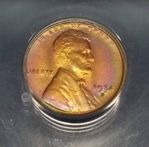 lot 36 image: 1934-D UNCIRCULATED US WHEAT CENT SHARP COIN ANACS MS60 DETAILS