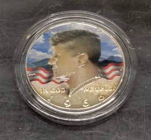 lot 21-A image: 1966 COLOR ENHANCED 40% SILVER KENNEDY HALF DOLLAR IN AIRTITE