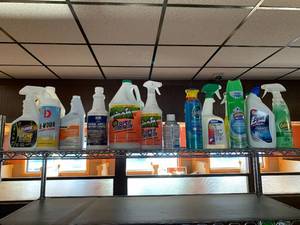 lot 144 image: Complete Shelf of Cleaning Supplies (cart not included)