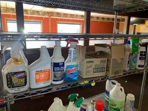 lot 145 image: Complete Shelf of Cleaning Supplies (cart not included)