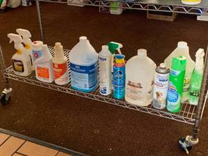 lot 147 image: Complete Shelf of Cleaning Supplies (cart not included)