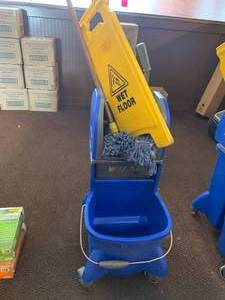 lot 149 image: Ecolab Mop Bucket & Wet Floor Sign, Mop