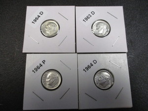 lot 2 image: Lot of 4 Roosevelt Silver Dimes - 1954-D, 63-D, 64-P, 64-D