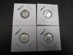lot 3 image: Lot of 4 Roosevelt Silver Dimes - 1957-D, 59-D, 64-P, 64-D