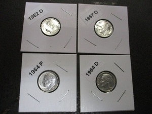 lot 4 image: Lot of 4 Roosevelt Silver Dimes - 1952-D, 57-D, 64-P, 64-D