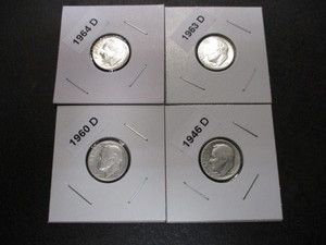 lot 5 image: Lot of 4 Roosevelt Silver Dimes - 1946-D, 60-D, 63-D, 64-D
