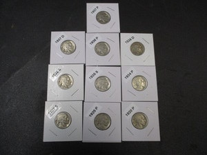 lot 27 image: Lot of 10 Buffalo Nickels Carded and Labeled - 1920-P, 25-P, 29-S, 34-P35-S, 36-S, 36-D, 36-P, 37-P, 37-D