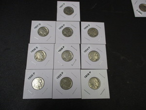 lot 28 image: Lot of 10 Buffalo Nickels Carded and Labeled - 1919-P, 25-P, 30-P, 34-P, 35-P, 36-S, 36-D, 36-P, 37-P, 37-D