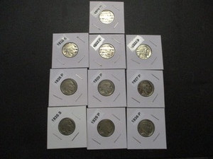 lot 29 image: Lot of 10 Buffalo Nickels Carded and Labeled - 1920-P, 25-P, 26-P, 27-P, 35-S, 36-P, D, S, 37-P, D