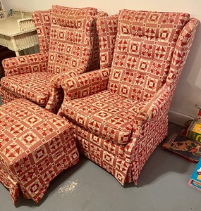 lot 28 image: 2 Charming Vintage Upholstered Chairs w Matching Ottoman
