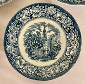 lot 270 image: 8 Liberty Blue Saucers and 8 Unmarked Coffee Cups