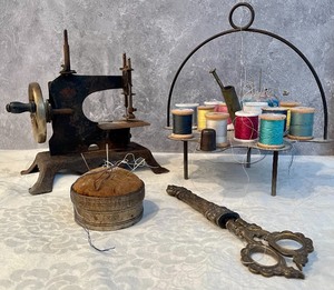 lot 51 image: Vintage Sewing Grouping including Vintage Childrens Metal Sewing Machine