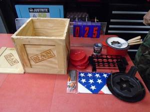 lot 25 image: Wooden box of fondue pot, accessories & sterno. As shown.