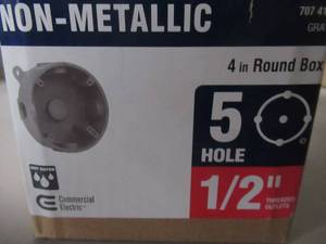 lot 728 image: Box of 10 Commercial Electric 12 in. Gray 5-Holes 4 in. Round Non-Metallic Weatherproof Box Model WRB550PG.
