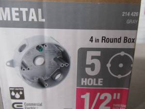 lot 734 image: Box of 13 Commercial Electric 12 in. Gray 5-Holes 4 in. Round Weatherproof Box, Model WRB550G.