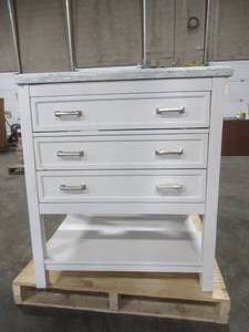 lot 307 image: Everett 31 in. W x 22 in. D Vanity Cabinet in White with Carrara Marble Vanity Top in White with White Basin - SCRATCHDENT. Cracked Top.