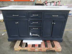 lot 410 image: Windlowe 61 in. W x 22 in. D x 35 in. H Bath Vanity in Navy Blue with Carrara Marble Vanity Top in White with White Sink - Front Damage on drawers and doors, Cracked Top - NEEDS WORK