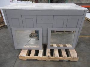 lot 412 image: Westcourt 61 in. W x 22 in. D Bath Vanity in White with Stone Effect Vanity Top in Pulsar with White Sink - Ding on 2nd door in from left. .