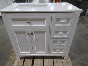 lot 308 image: Juniper 36 in. Vanity in White with Engineered Stone Top & Ceramic Basin - Slide Out Shelf needs to be reattached - Cracked Top.