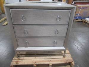 lot 313 image: Pair of Litton Lane 32 in. Square Metallic Rose Gold Wood Dressers with Mirror Tabletop and Beige Fabric Drawers. DAMAGED - NEEDS WORK.