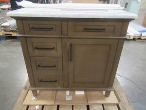 lot 315 image: Sonoma 36 in. W x 22 in. D Bath Vanity in Almond Latte with Carrara Marble Vanity Top in White with White Basin - Cracked Top.