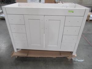 lot 316 image: Westcourt 48 in. W x 21 in. D x 34 in. H Bath Vanity Cabinet Only in Cream - Small hole on RH Side Panel.
