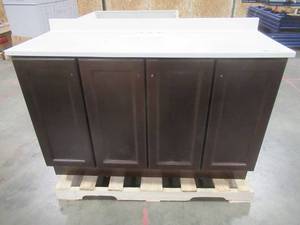 lot 320 image: Vanity Pro All-In-One 48.5 in. W Vanity in Chestnut with Cultured Marble Vanity Top in White with White Basin - RH Side Panel and Back Base Board have damage - Top in nice condition.