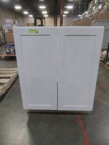 lot 321 image: Designer Series Melvern Assembled 27x34.5x23.75 in. Full Height Door Base Kitchen Cabinet in White - BrokenDamage to Back.