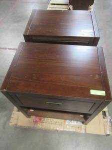 lot 323 image: (2) Walker Edison 1-Drawer Classic Solid Wood Nightstands - In Walnut - Slight DamageScratchDents to both Pieces.