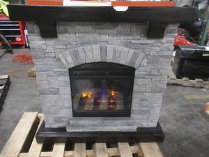 lot 328 image: Pembroke 40 in. Freestanding Faux Stone Infrared Electric Fireplace in Gray with Remote, 147458 - Mantel Damage.