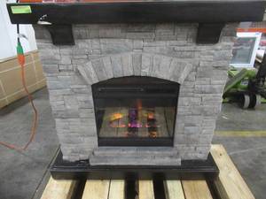 lot 329 image: Pembroke 40 in. Freestanding Faux Stone Infrared Electric Fireplace in Gray with Remote, 147458 - Mantel Damage.