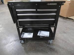 lot 331 image: Husky 3304 Mechanics Cart with Extended Side Table and Bottle Tray, XHOUC3304B11 - SCRATCH AND DENT - Top Lid Not connected to Hinge, Bottom Drawer will not open.