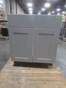lot 335 image: Shaker Assembled 30x34.5x24 in. Sink Base Kitchen Cabinet in Dove Gray - Missing 12 adjustable shelf - Damage bottom RH side.