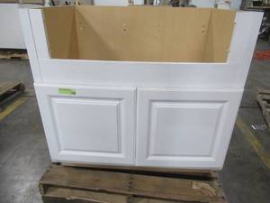 lot 337 image: Hampton Satin White Raised Panel Assembled Farmhouse Apron-Front Sink Base Kitchen Cabinet (36 in. x 34.5 in. x 24 in.).