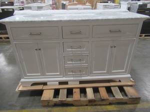 lot 423 image: Windlowe 61 in. W x 22 in. D x 35 in. H Bath Vanity in White with Carrera Marble Vanity Top in White with White Basin - Slight Cracked Vanity Top LH Side.