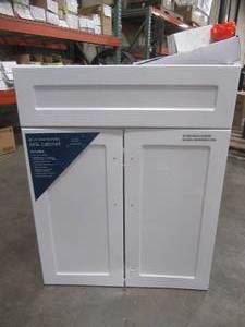 lot 352 image: Glacier Bay All-in-One 24.125 in. x 21.375 in. x 35 in. Stainless Steel Laundry Sink with Faucet and Storage Cabinet - Some Slight Door Damage, Crack on top brace.