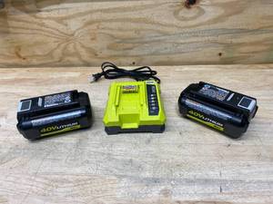 lot 30 image: RYOBI Lot of 2-  40v Batteries (4Ah) with 40V Charger
