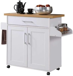 lot 39 image: Hodedah White Kitchen Island with Spice Rack and Towel Holder Model HIK78