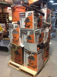 lot 8 image: Pallet with assorted Ridgid WetDry Vacuums - - items have not been tested customer returns some missing pieces review pictures