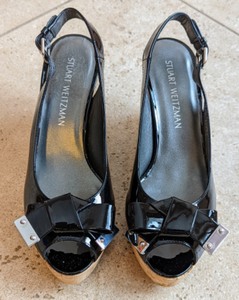 Stuart Weitzman Black Patent Leather Wedge Sandals