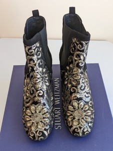 Stuart Weitzman Black Embroidered Suede Booties