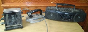 lot 258 image: Vintage toaster, iron.  And Sony boombox.