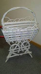 lot 271 image: Red chair and rattan magazine rack.