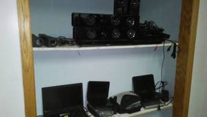 lot 289 image: Huge lots- surround sound systems, DVD player, laptop and so much more.