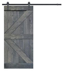 lot 521 image: CALHOME K Series 36 in. x 84 in. Gray Stained Knotty Pine Wood Interior Sliding Barn Door with Hardware Kit
