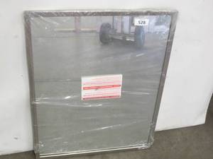 lot 528 image: Home Decorators Collection 22 in. W x 28 in. H Framed Rectangular Anti-Fog Bathroom Vanity Mirror in Brushed Silver Finish - Damaged