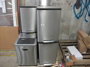 lot 588 image: Pallet of 13 Stainless Steel Trash Cans - Dents or Bad Lid Mechanisms