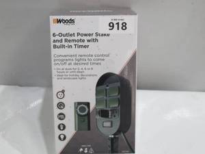 lot 918 image: Woods 59785WD 6-Outlet Yard Stake Timer with Photocell and Wireless Remote Control (Green)